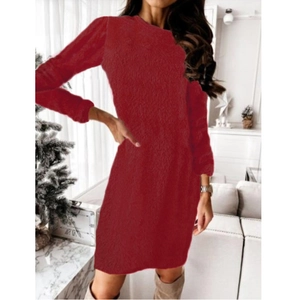 Elegant red plush long sleeve knit dress for women's winter and festive season wear