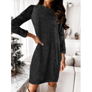 Cozy black fuzzy knit long sleeve dress for autumn winter casual indoor wear