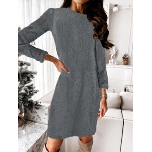 Detail of dark grey plush knit fabric texture on a long sleeve round neck dress