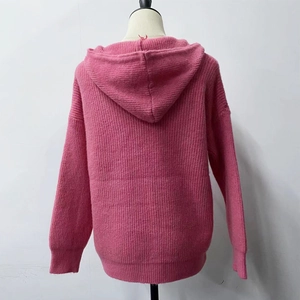 Back view of a pink hooded knit cardigan featuring vertical ribbed texture and raglan sleeves