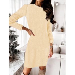 Detail of a beige long-sleeve knit sweater dress featuring soft plush faux fur texture