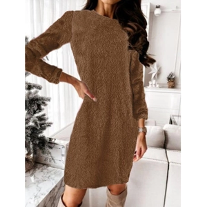 Close-up of the brown fuzzy knit fabric and soft texture of this long sleeve sweater dress