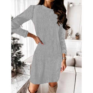 Detail of the fuzzy grey long sleeve dress showing high-density sherpa fleece texture
