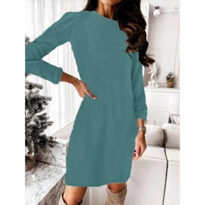 Detail of teal plush knit long sleeve mini dress featuring soft textured fabric
