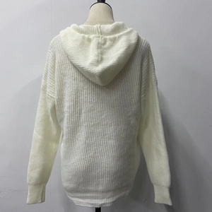 Rear view of white chunky knit hooded cardigan featuring ribbed cuffs and a loose casual fit
