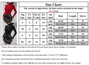 Size chart for high neck knit sweater showing S to XL measurements and stretch guide