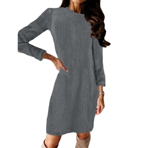 Women's dark grey fuzzy teddy fleece long sleeve dress with a minimalist slim fit style