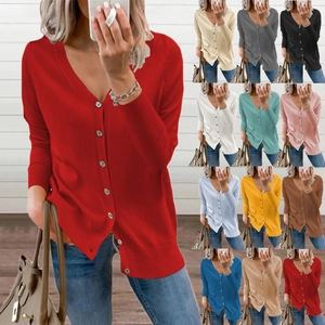 Close-up of V-neck knit cardigan buttons and variety of twelve available colors