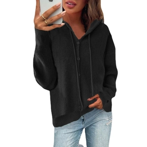 Women's black hooded ribbed knit cardigan with button closure and drawstring detail