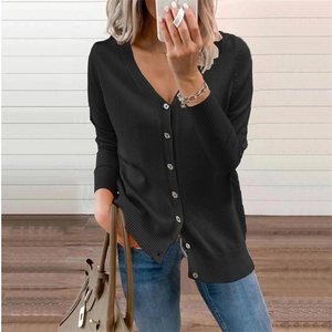 Classic black V-neck knit cardigan for women with buttons and ribbed cuffs for fall