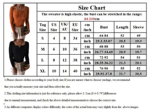 Detailed size chart for V-neck knit sweater with US, UK, and EU measurements for women