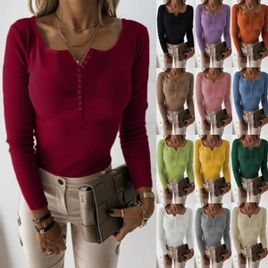 Detail of ribbed knit long sleeve V-neck top with buttons shown in 13 various colors