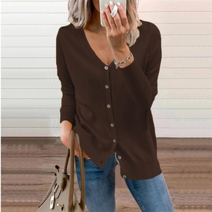 Detail of dark brown V-neck button-down knit cardigan with ribbed cuffs and hem style