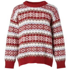 Pull de Noël en maille rouge festif avec motifs géométriques blancs et col rond classique