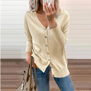 Women's beige knit cardigan with V-neck and single-breasted buttons in a casual style