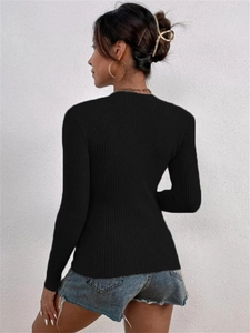 Back view of black slim-fit ribbed knit sweater with elegant texture and long sleeves