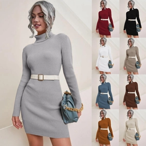 Women Elegant Turtleneck Long Sleeve Rib-Knit Slim Fit Bodycon Mini Dress Casual Winter Warm Pullover Sweater Dress