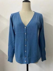 Detail of sky blue V-neck knit cardigan with button-down front and ribbed cuffs