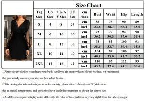Detailed size chart for V-neck sequin dress showing US, UK, and EU measurements