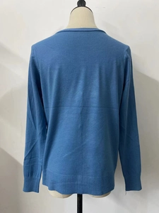 Detailed back view of a blue knit cardigan featuring fine ribbed edges and textures