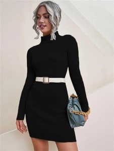 Detail of black turtleneck knit dress with ribbed texture and slim waist belt