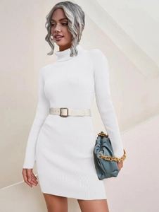 Detail of white turtleneck knit dress showing ribbed texture and square buckle waist belt