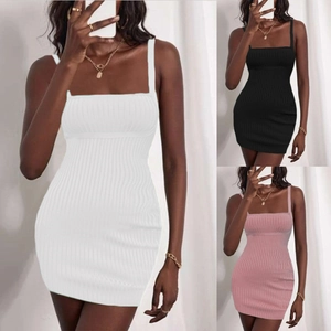 Women Sexy Ribbed Knit Cami Mini Dress Spaghetti Strap Square Neck Bodycon Party Clubwear Sleeveless Ribbed Short Dress