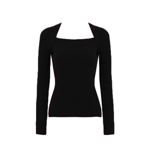 Detail of black ribbed knit sweater featuring a stylish square neckline and slim fit design