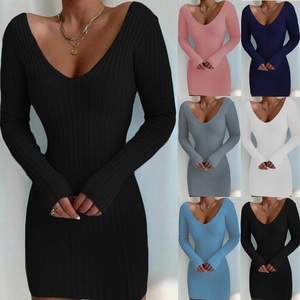 Mini Robe Moulante en Tricot Côtelé Sexy à Col en V pour Femmes Élégante Couleur Unie Coupe Ajustée Robe Pull Automne Hiver
