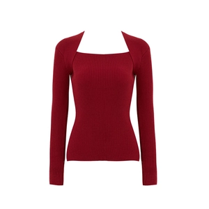 Detail of burgundy square neck ribbed knit sweater with unique layered shoulder design
