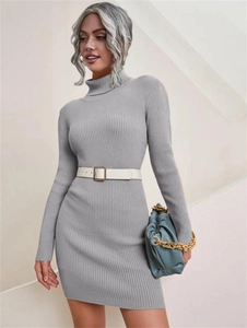 Detail view of grey knit bodycon dress with turtleneck and chic gold buckle white belt