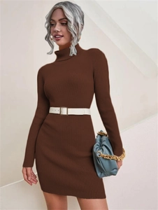 Detail of slim-fit brown ribbed knit dress with turtleneck and white waist belt accessory