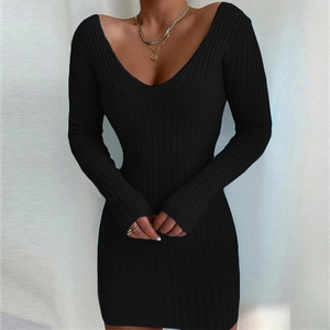 Robe pull moulante noire sexy pour femme avec col en V et manches longues