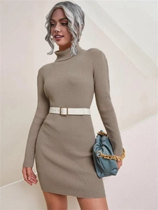 Detail of taupe ribbed knit dress featuring a turtleneck and gold buckle white belt