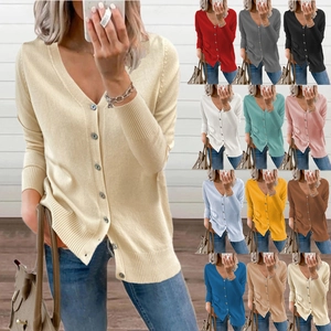 Women's Casual V Neck Knitted Cardigan Sweater Long Sleeve Button Down Solid Color Soft Knitwear Top For Fall Winter