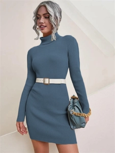 Close-up of blue turtleneck ribbed knit dress with white belt and chain cloud bag