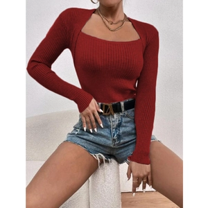 Red slim fit square neck ribbed knit long sleeve sweater for women on model