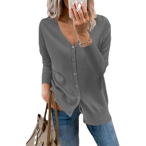 Women's dark gray V-neck button-up knit cardigan sweater with ribbed cuffs and hem