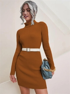 Close-up of caramel brown ribbed knit dress featuring a high neck and white belted waist