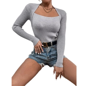 Slim fit grey square neck long sleeve knitted two-piece sweater set for women