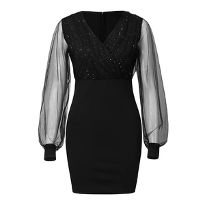 Detailed view of the V-neck mesh bodice with silver sequins and elegant lantern sleeves