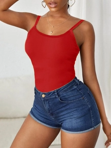 Close-up of red ribbed knit texture and slim fit design on a women sleeveless tank top