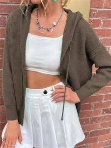 Detailed knit texture and button closure on women's dark brown hooded cardigan sweater