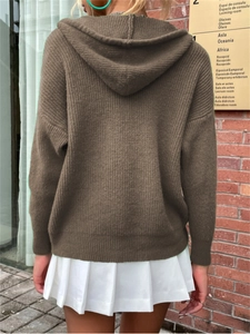 Back view of a thick knit hooded cardigan in brown with vertical ribbing texture