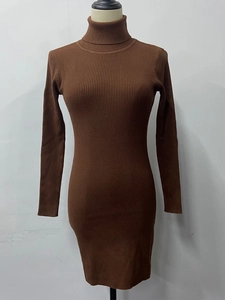 Detailed view of brown high-neck long sleeve knit dress with vertical ribbed texture