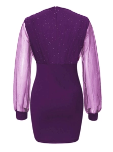 Close-up of invisible back zipper on deep purple mesh sleeve sequin mini dress