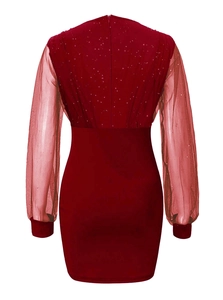 Detail of burgundy evening dress featuring sequin mesh sleeves and back zipper closure