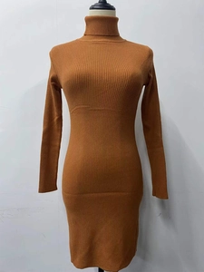 Detailed texture of caramel rib-knit high neck long sleeve dress on mannequin