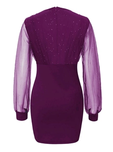 Detailed back view of purple V-neck dress featuring sequined mesh sleeves and slim fit design