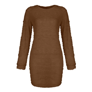 Detailed texture of a brown long sleeve fuzzy mini dress with soft plush fabric